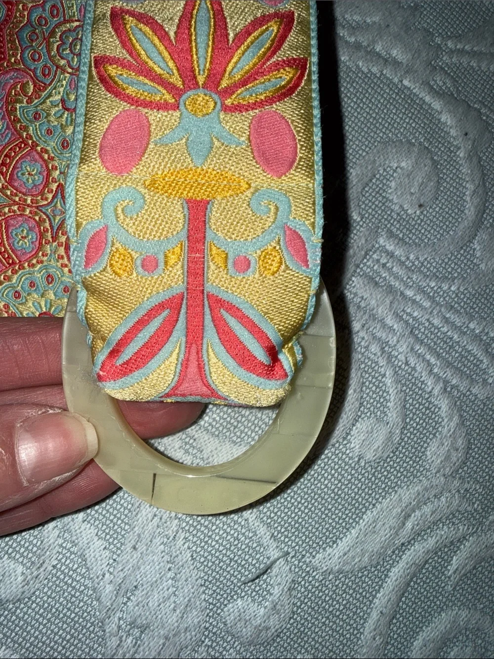 Embroidered Floral Jacquard Belt in Yellow and Pink Reversible
